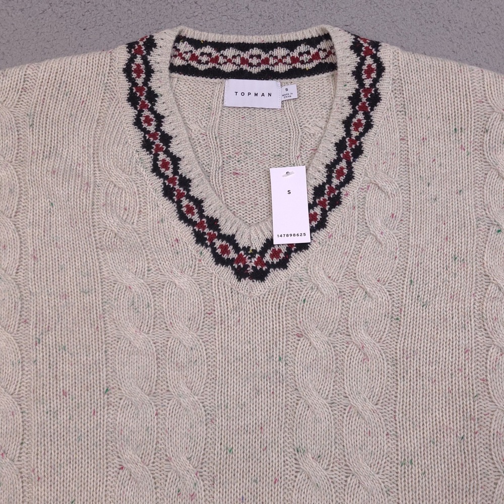 Topman Mens Small Cable Knit‎ V-Neck Sweater Oatmeal Cream Fair Isle Wool Blend